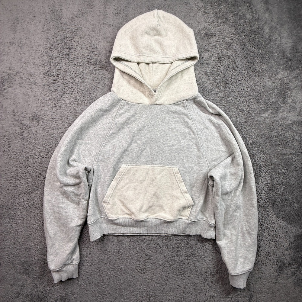 Aerie Crop Cotton Knit Hoodie Light Gray Womens S Terry Pullover Kangaroo Pocket